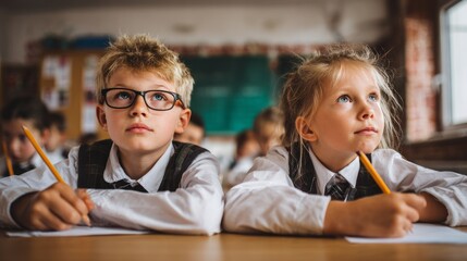 Schoolboy and schoolgirl in uniform sitting at desk with pencil, concentrating on writing in classroom. Background for education, learning, child development, school environment