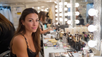 Woman sitting at the make up table with mirror and light.