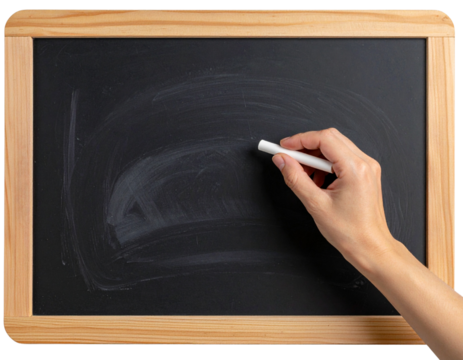 Hand Holding Chalk Mid-Writing on Blackboard, Side Angle, Isolated PNG