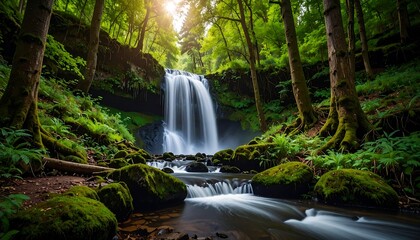 Lush waterfall cascading through a dense forest