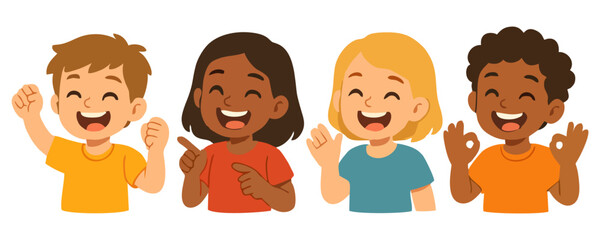 Fun kids happy expression vector cartoon illustration with smiling boy and girl poster design template joyful children artwork character drawing lifestyle holiday and celebration graphic background © KEVIN RIZ