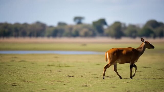 Puku deer wander in lush wetland, perfect for wildlife magazines, nature blogs, environmental campaigns, educational materials, and conservation websites.