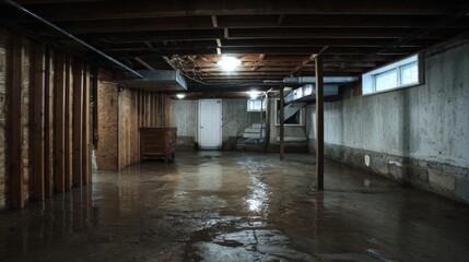 Fototapeta premium Stunning photo of flooded basement due to snowmelt or a pipe burst highlights the challenges of water damage restoration.