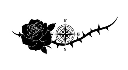 A rose, compass and thorn tattoo design, symbolic of life's journey and direction.