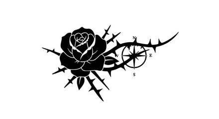 A rose with thorns and a compass rose, embodying guidance, love and adversity.