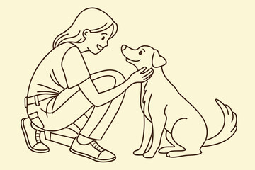 Obraz premium Girl and her dog shown in one-line drawing, capturing warmth and pet companionship in a minimalist outline, modern flat illustration style