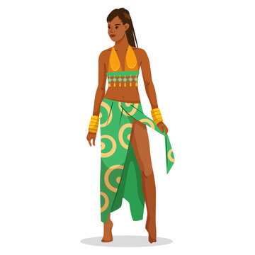 Woman in colorful tropical attire with bracelets and jewelry, cartoon style, standing on white background. Concept of island fashion. Vector illustration