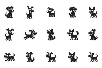 Funny cartoon dog character silhouette set. Vector collection of cute and happy black puppies in various poses for comics, mascots, or pet design