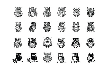 Minimalist Modern Owl Icons Set   EPS Vector Line Art for Logo, Tattoo, Kids Design.