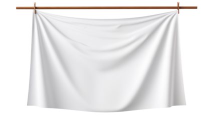 A white cloth hanging from a wooden rod against a transparent background in a studio setting view
