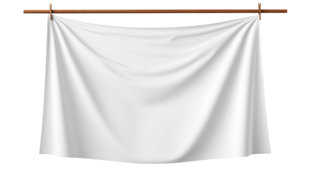 A white cloth hanging from a wooden rod against a transparent background in a studio setting view