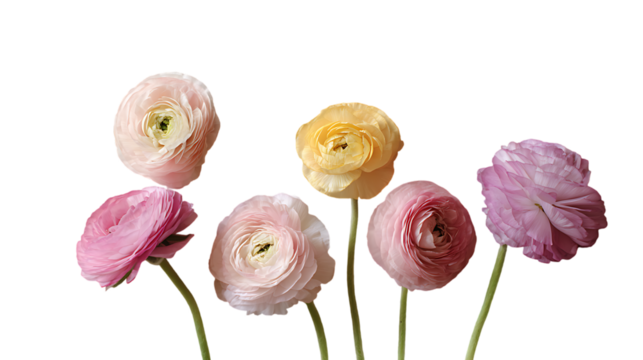 A delicate arrangement of six colorful ranunculus flowers isolated on transparent background - Powered by Adobe