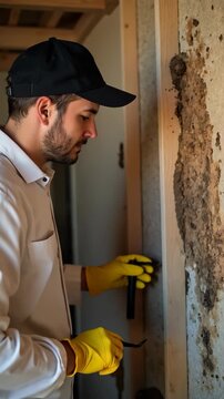 Technician in protective clothing conducting termite inspection and treatment to prevent structural damage to a house.