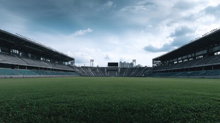 Stunning photo of panoramic view of soccer stadium with empty seats on rich green grass. Concrete stadium stands tall outdoors. Stadium seats row after row for large crowd.