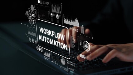 Close-Up of Hands Typing on Laptop with Digital Workflow Automation Graphic Overlay. Asymptotic smart data analytic.