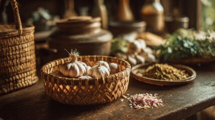 Fototapeta premium A charming scene of a traditional Thai kitchen with a basket full of fresh , alongside other ingredients like garlic and herbs, emphasizing an authentic cooking environment.