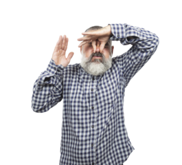 Mature man pinching his nose and covering his eyes, expressing disgust or trying to avoid a bad smell, isolated on white background