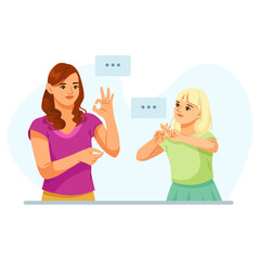 Fototapeta premium Deaf woman and young girl using sign language to communicate, flat graphic style, on a light abstract background. Concept of deaf communication. Vector illustration
