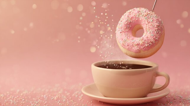 A charming image of a donut being dipped into a cup of coffee or hot chocolate, capturing the moment of indulgence and the contrast between the warm drink and the sweet treat. - Powered by Adobe