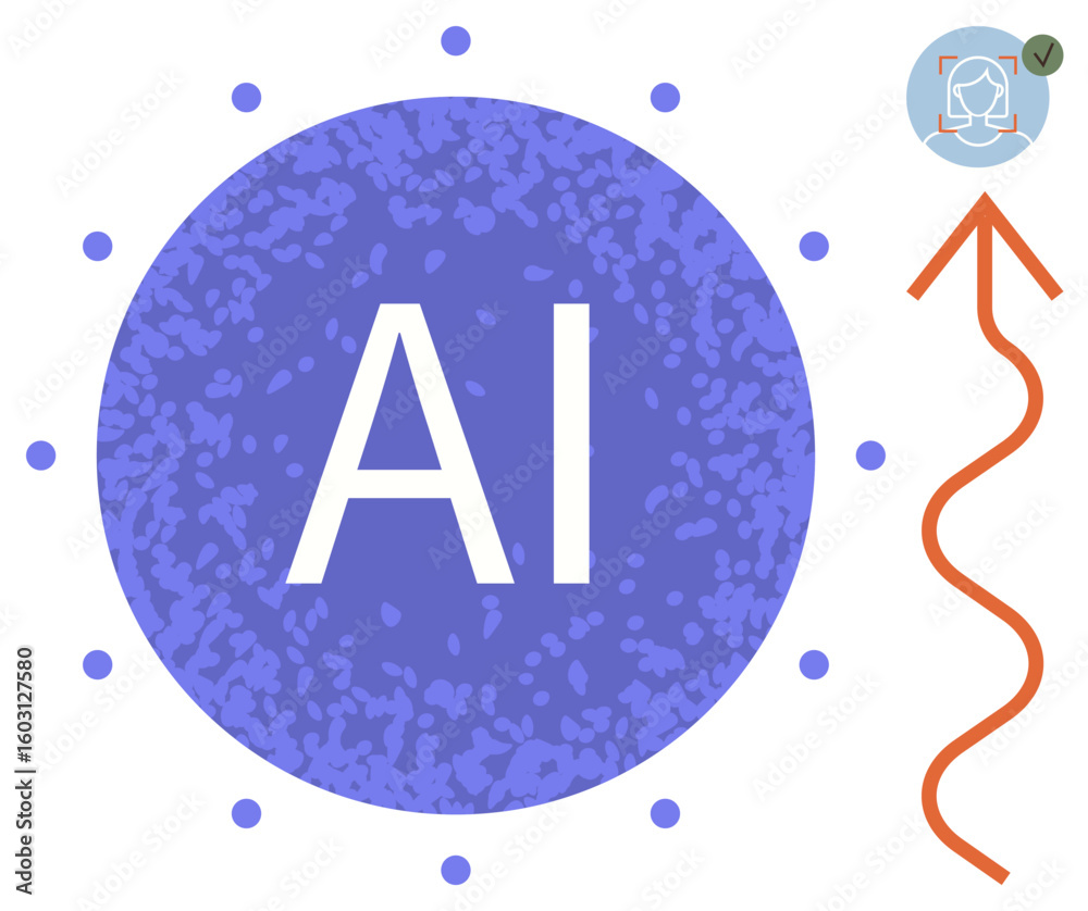 Poster ai text in purple circle facial recognition icon with a checkmark red arrow with wavy path symbolizi