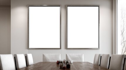 Two blank framed pictures hang on a wall above a wooden dining table with white chairs