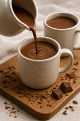 注がれるホットチョコレートと陶器カップの温もりシーン｜木のテーブルに広がるチョコの香りと優しい色合いの布が演出する、心安らぐ冬のひととき