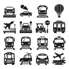 Air Auto Railway Transport Silhouette Icon Set. Stop Station Sign for Public Transport Glyph Pictogram. Car, Bus, Tram, Train, Metro, Plane, Ship Icon in Front vector graphics
