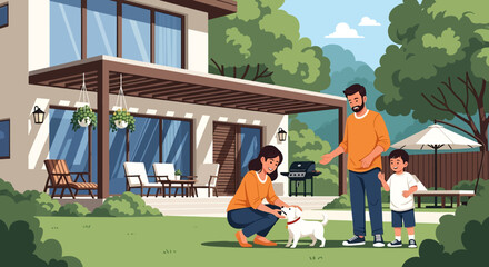 Adobe Illustrator artwork flat style illustration of a happy family with a pet dog outside their modern house. Ideal for themes of home, family bonding, and suburban living with animals