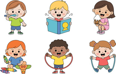 Daily Routine Activities of Children Vector Illustration on Transparent Backdrop