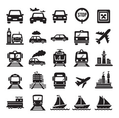 Air Auto Railway Transport Silhouette Icon Set. Stop Station Sign for Public Transport Glyph Pictogram. Car, Bus, Tram, Train, Metro, Plane, Ship Icon in Front vector graphics