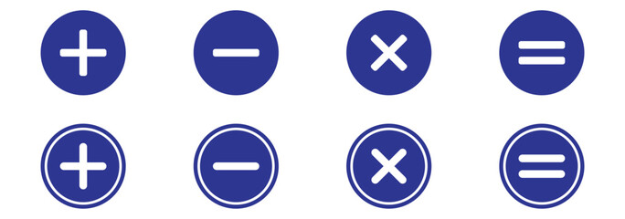 Basic mathematical symbol. Plus, minus, multiply, divide icon set. Plus and minus icons set. Math symbol. Plus icon, Minus icon, Multiply icon, Divide icons. Round plus and minus icons set eps 10