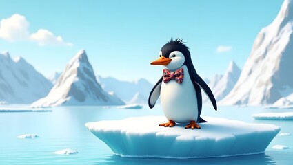 Obraz premium Charming Cartoon Penguin in Bow Tie on Ice Floe, Antarctic Landscape, 3D Render