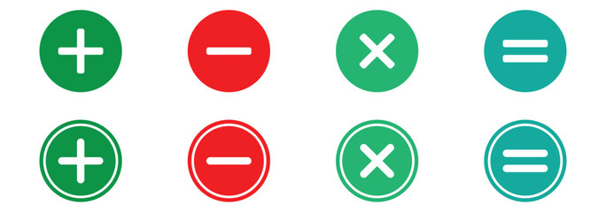 Basic mathematical symbol. Plus, minus, multiply, divide icon set. Plus and minus icons set. Math symbol. Plus icon, Minus icon, Multiply icon, Divide icons. Round plus and minus icons set eps 10