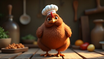 Adorable Cartoon Chicken Chef in Rustic Kitchen Setting: 3D Render