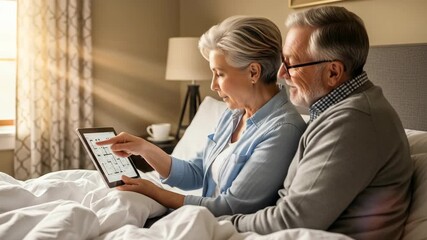 Senior couple using tablet in bed exploring digital design plans in a warm comfortable home setting positive and focused - Powered by Adobe