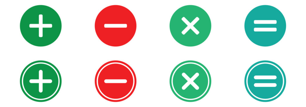 Basic mathematical symbol. Plus, minus, multiply, divide icon set. Plus and minus icons set. Math symbol. Plus icon, Minus icon, Multiply icon, Divide icons. Round plus and minus icons set eps 10