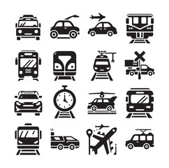 Air Auto Railway Transport Silhouette Icon Set. Stop Station Sign for Public Transport Glyph Pictogram. Car, Bus, Tram, Train, Metro, Plane, Ship Icon in Front vector graphics