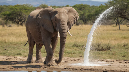 Obraz premium Elephant spraying water in a safari scene