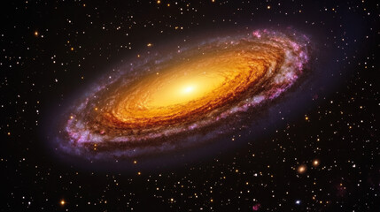Glowing spiral galaxy with bright golden core surrounded by vibrant aurora like hues, suspended in vastness of space, showcasing countless stars and cosmic beauty