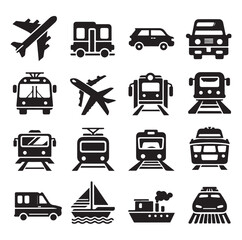 Air Auto Railway Transport Silhouette Icon Set. Stop Station Sign for Public Transport Glyph Pictogram. Car, Bus, Tram, Train, Metro, Plane, Ship Icon in Front vector graphics