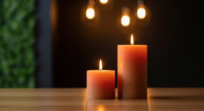 Two orange candles with glowing flames burning on a wooden table in a dimly lit room with bokeh lights