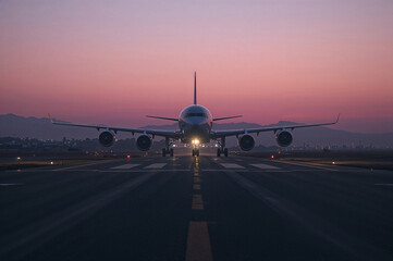 Airplane on runway at sunset with dramatic sky