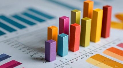 A close-up of a financial bar graph on a business report, with colorful vertical bars illustrating market performance trends over a set period