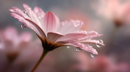 Fototapeta premium A close-up of a flower with drops of water on its soft, pink petals, glowing in natural light, adding a refreshing and calm atmosphere to the scene
