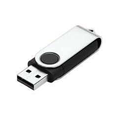 Silver and black swivel USB flash drive for digital data storage and transfer. Portable memory stick isolated on a white background.