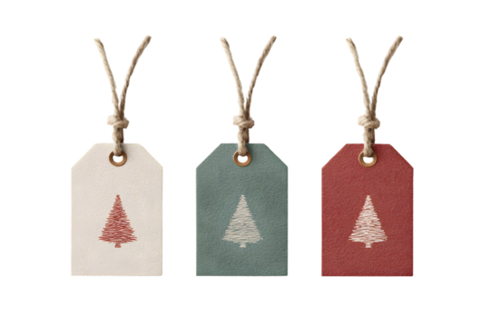 Tiny festive tags with looped twine, isolated on a white background, in a simple style, with a transparent PNG