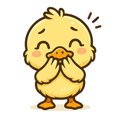 Cute cartoon chick stands with its hands to its cheeks.