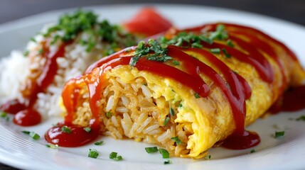 A close-up of a perfectly cooked omurice with a fluffy omelet draped over savory fried rice, garnished with ketchup and fresh herbs on a white plate.