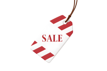 gift tag with candy cane stripes and sale text isolated on a white background, in a simple style, with a transparent PNG f
