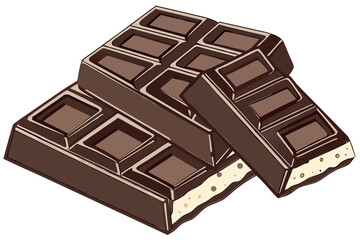 Stacked milk chocolate bar pieces isolated on white, perfect for indulgent dessert or snack-themed visuals, modern flat illustration style